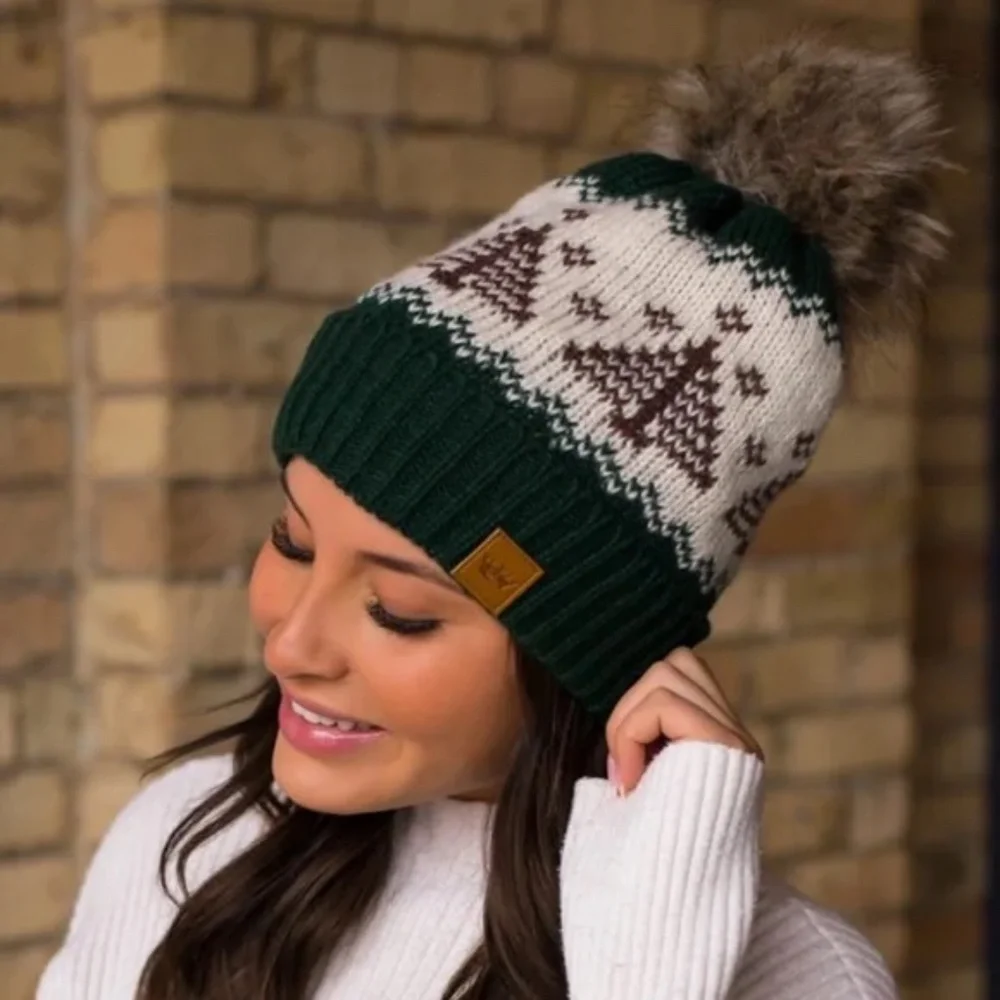 SOLD OUT Holiday Green Knit Trees Winter Faux Fur Pompom Fleece Lined Beanie Hat - Picture 2 of 3